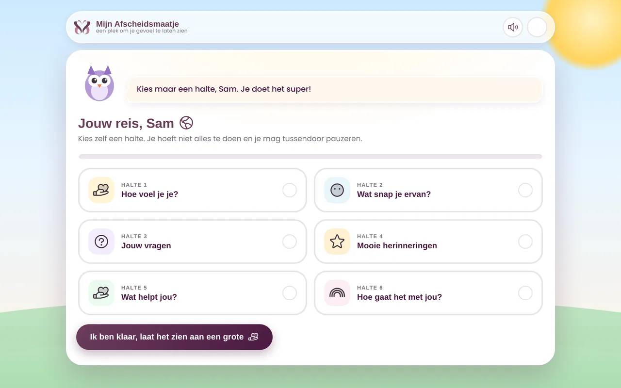 De reiskaart van het Afscheidsmaatje met zes haltes
