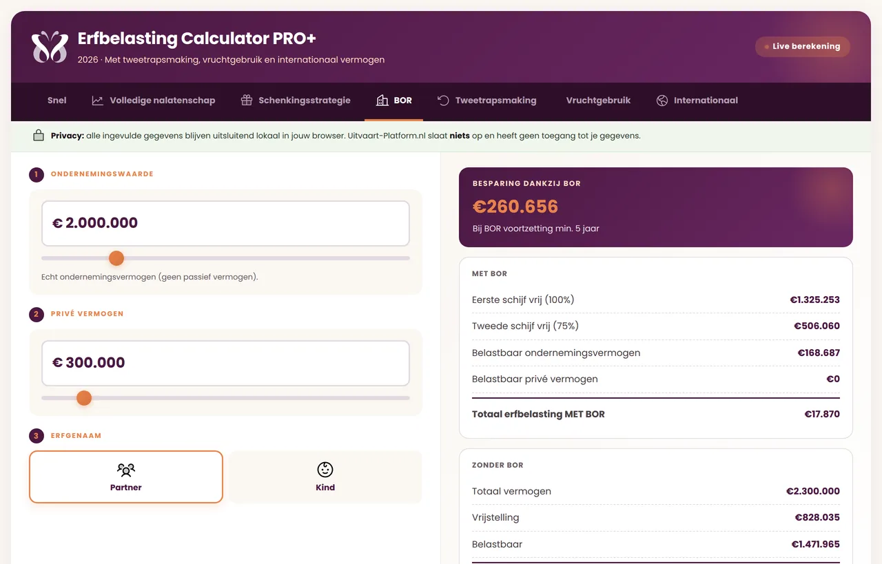 Het tabblad bedrijfsopvolging in de Erfbelasting Calculator PRO+