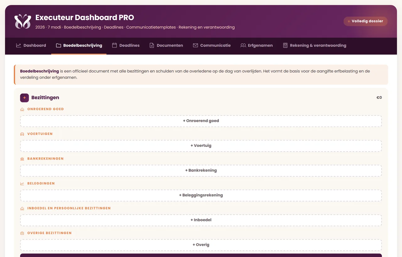 De boedelbeschrijving in het Executeur Dashboard PRO