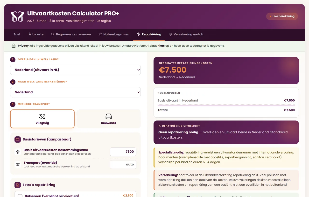 Het tabblad repatriëring in de Uitvaartkosten Calculator PRO+