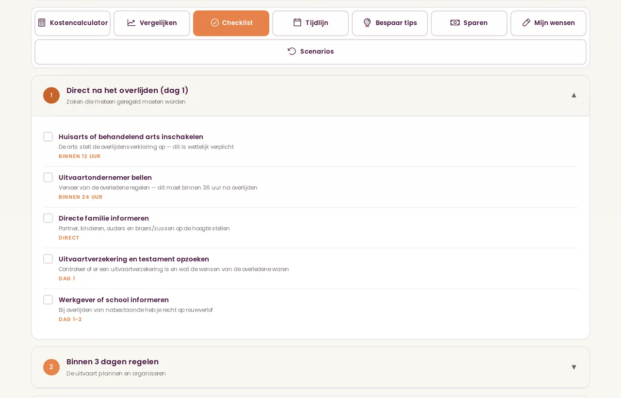 De checklist van de uitvaartplanner met taken per fase